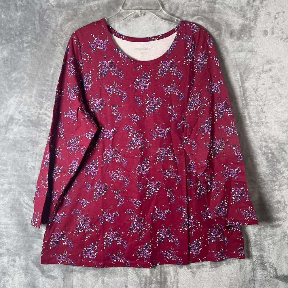Woman Within Wine Floral Scoop Neck Long Sleeve Tee
